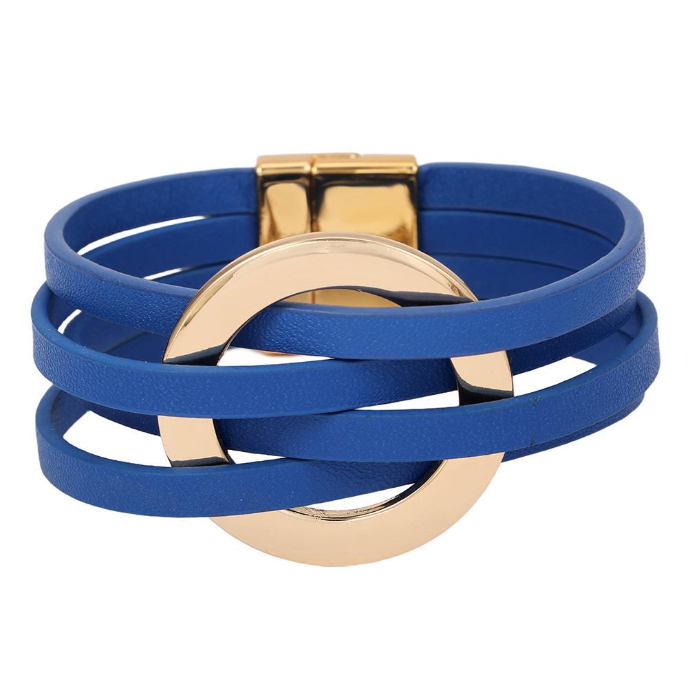 

Женский многослойный кожаный браслет в европейском и американском стиле с большим металлическим манжетным кругом. синий