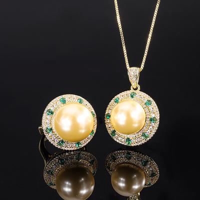Jewelry Inlaid With Gold Beads, Gold-Plated Color-Divided Diamond-Inlaid Round Ring 16Mm Pendant 14Mm Set, Women