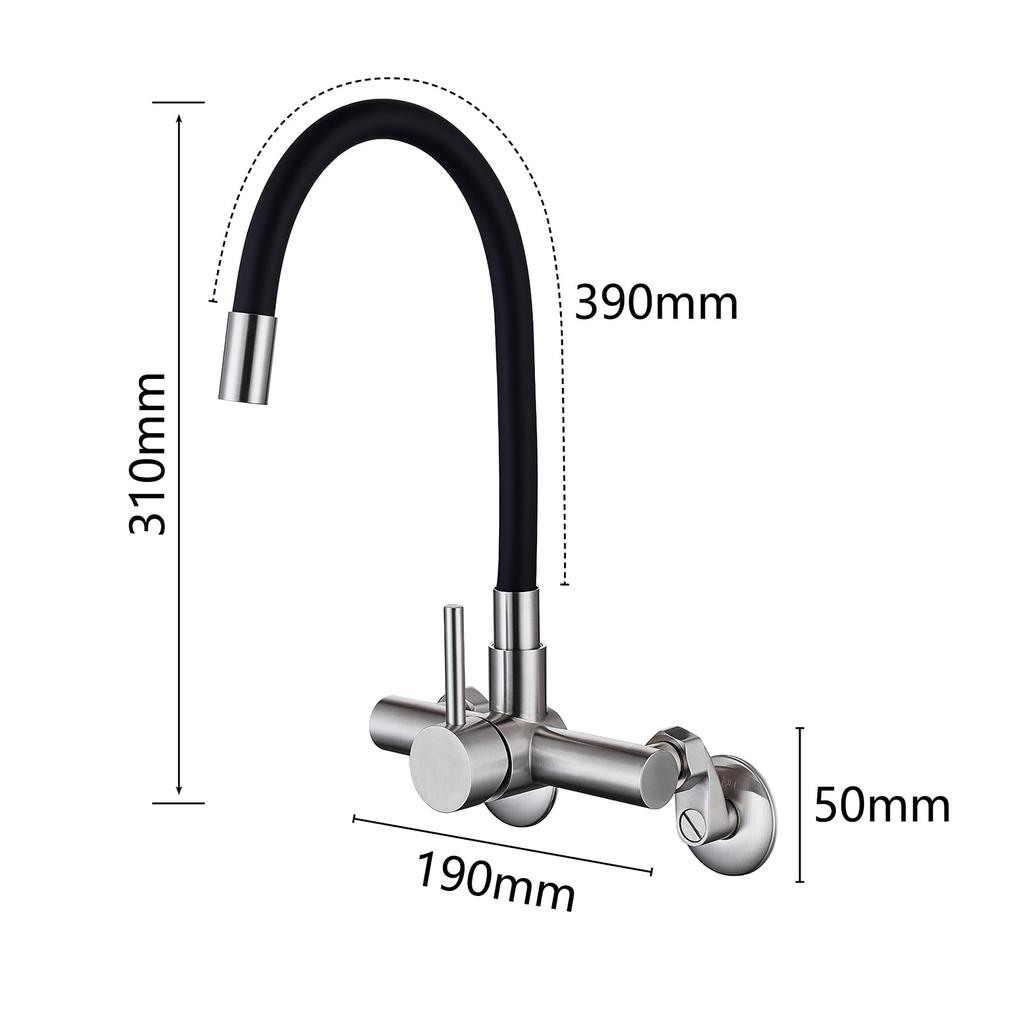 HAMOLER Wall-Mounted Bathroom Sink Faucet, 360° Swivel, Washbasin Faucet, Double-Hole Sink Faucet, Single-Handle Hot and Cold Water Mixer Tap, Brushed