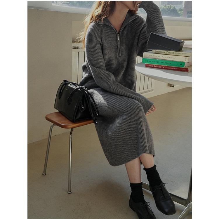 

Осень-зима теплое свободное платье-свитер на молнии для женщин, прямое платье-свитер, женское свободное длинное платье, женское шикарное платье One Size серый