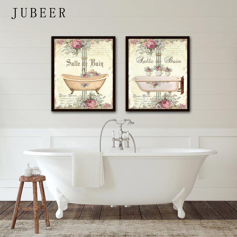 Vintage French Style Posters Bathroom Bathtub Canvas Painting Decoration Watercolor Floral Room Decor Wall Art Painting Pictures