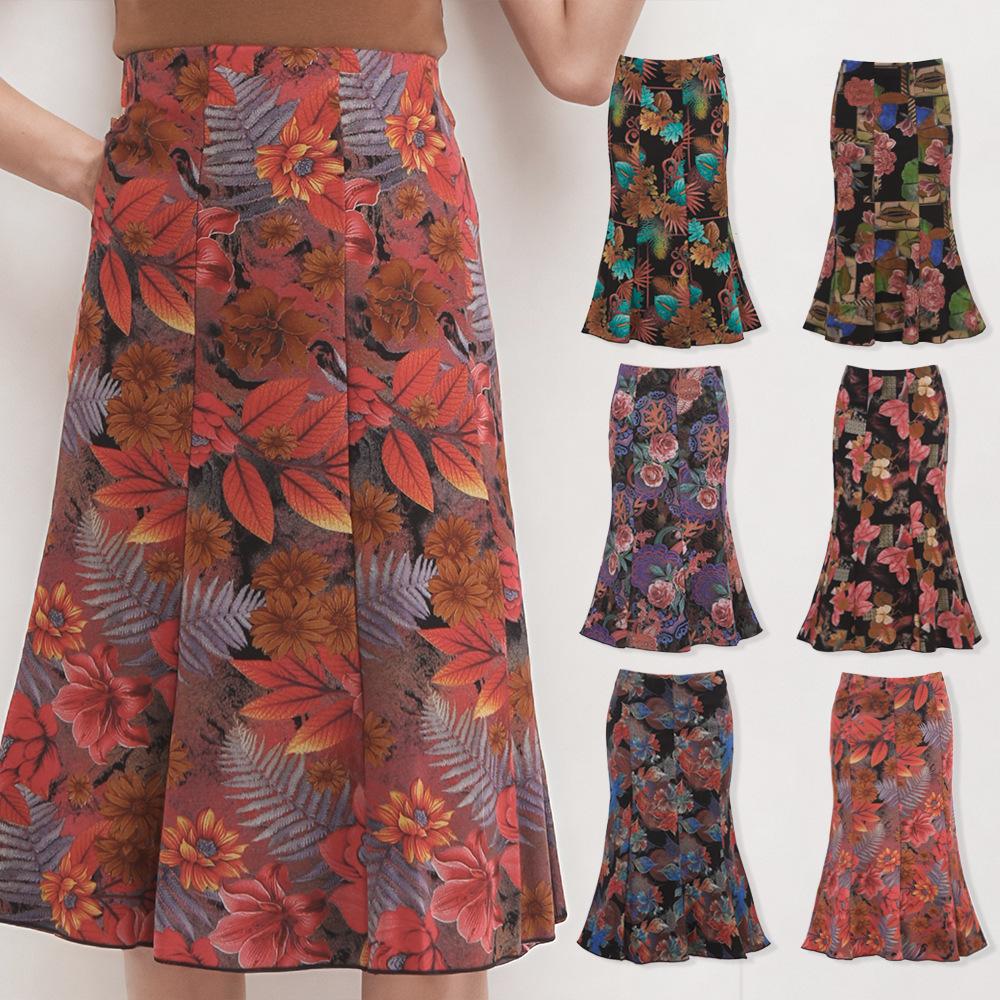Women's Casual Printed Skirt, Floral Skirt, Trendy Temperament, A-line Skirt, Elastic Mid-length Skirt