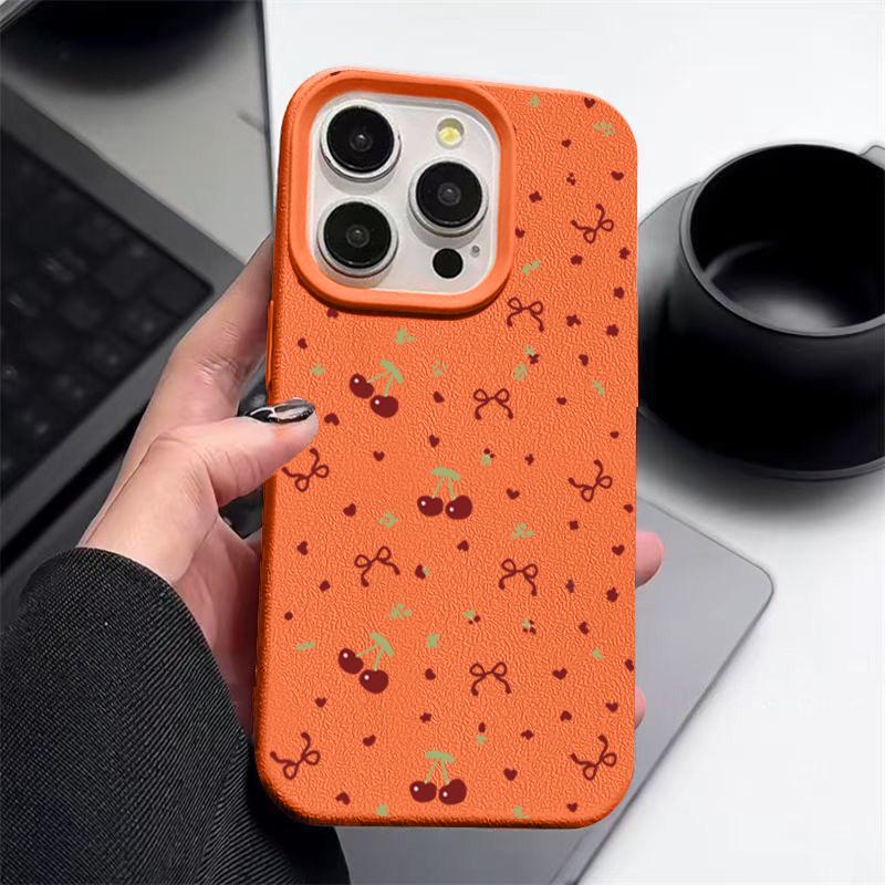 Little Cherry Bowknot Print Soft Matte Case For iPhone 16 Pro Max 15 Pro 14 13 12 11 TPU Leather Texture Shockproof Slim Phone Cover