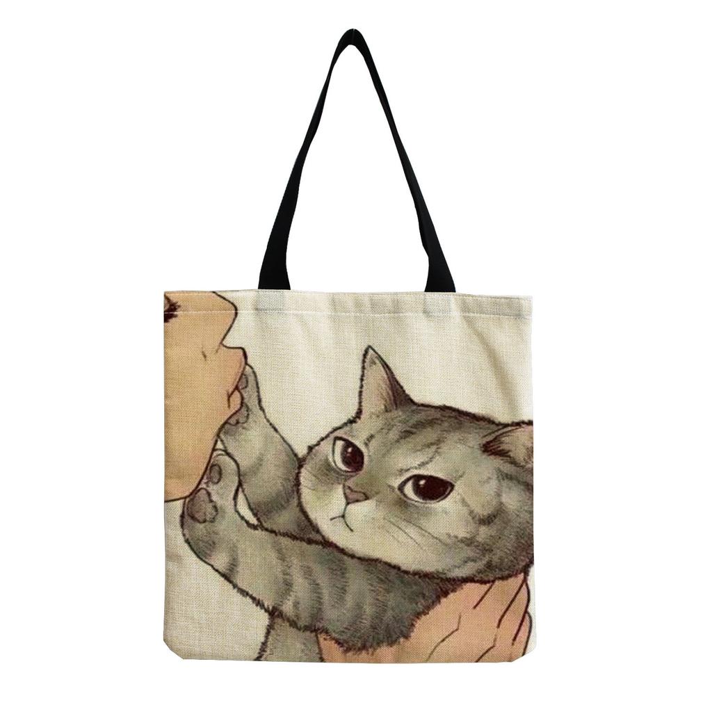 Damen Vintage Leinen-Tragetasche - Große Kapazität Katzen-Print Schulter-Handtasche für Freizeit & Lebensmitteleinkauf KTB
