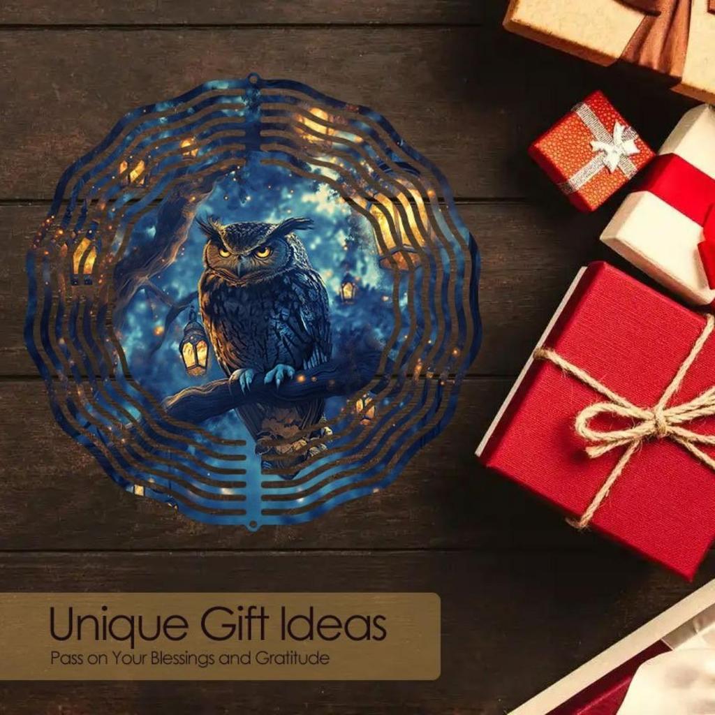 Metalowy dzwonek wietrzny sowa dekoracja ogrodowa ze spiralnym wzorem obrót w dwóch kierunkach bez baterii łatwa instalacja hak obrotowy 360 stopni na zewnątrz