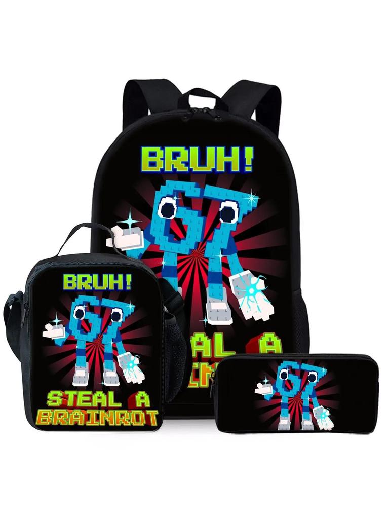 Fashion Trend New Stem 67 Six Seven Printed Schoolbag Meal Bag Pencil Bag Three-Piece Set, Cool Student Schoolbag