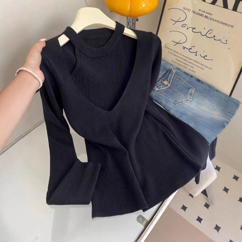 

Plus Size Halter Knit Sweater: Women s Slimming Two-Piece Look for Autumn/Winter L (For 50-60kg) чёрный