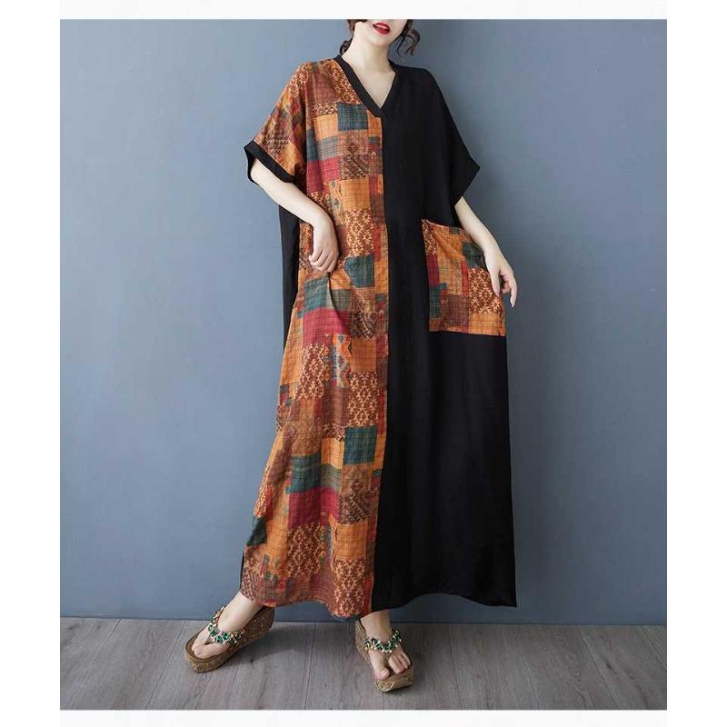 Women's Color Patchwork Black Long Dress Retro Robe