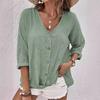 Women's V-Neck Three Quarter Sleeve Casual Loose Fit Button Down Blouse Shirt