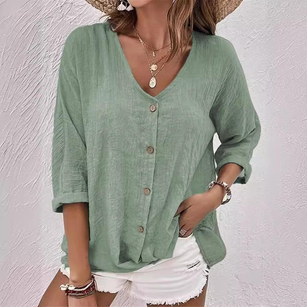 Women's V-Neck Three Quarter Sleeve Casual Loose Fit Button Down Blouse Shirt
