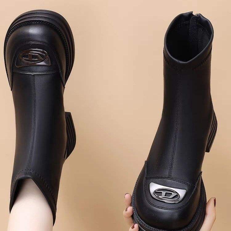 Real soft leather thick heel short boots women's 2025 autumn and winter new Martin boots foreign soft sole thin boots thick sole velvet cotton shoes