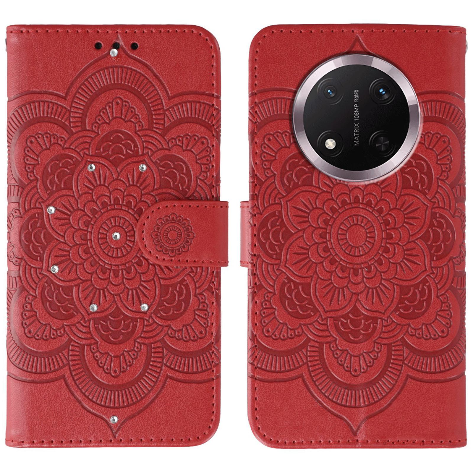 

Phone Case For Honor Magic7 Lite 5G/X9c 5G/X60 Pro 5G Rhinestone Decor PU Leather Mandala Imprinted Design Cover with Wrist Strap Red
