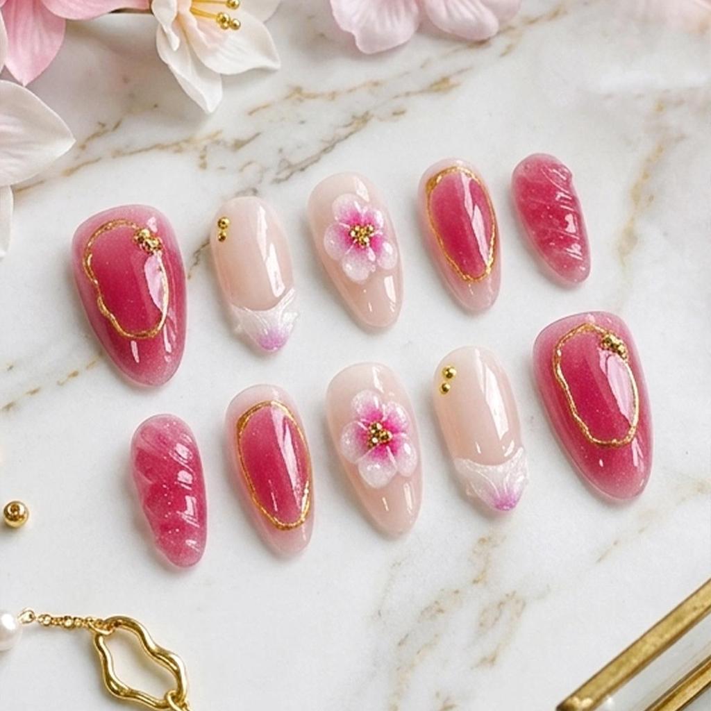 30pcs Handmade Pink Cherry Blossom Almond Nails with 3D Gold Lines and Gradient Design