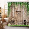 Rustic Farmhouse Country Barn Door Shower Curtain for Bathroom,Wood Board Plank Country Vintage Green Leaves Garage Cabin Decor