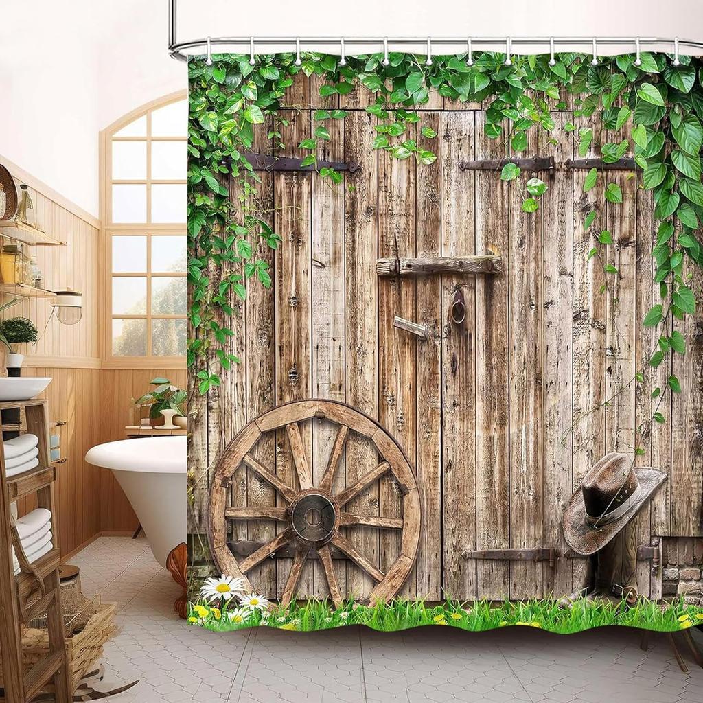 Rustic Farmhouse Country Barn Door Shower Curtain for Bathroom,Wood Board Plank Country Vintage Green Leaves Garage Cabin Decor
