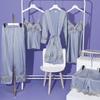 Pajamas Women's Spring Autumn Winter Thin Ice Silk Suspender Pajama Five-piece Set with Chest Pad Lace Sexy Loungewear