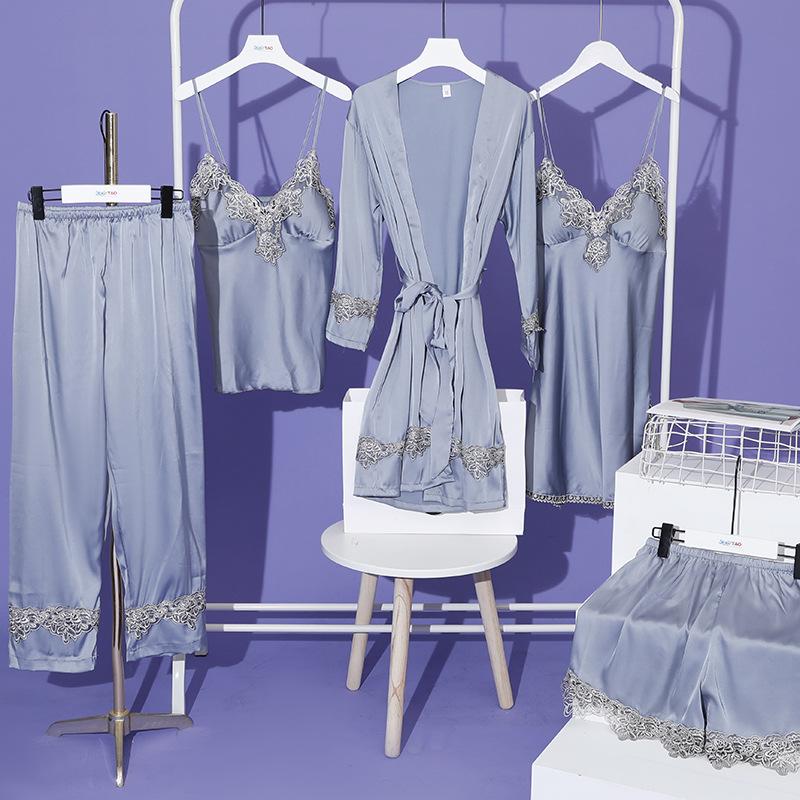 Pajamas Women's Spring Autumn Winter Thin Ice Silk Suspender Pajama Five-piece Set with Chest Pad Lace Sexy Loungewear
