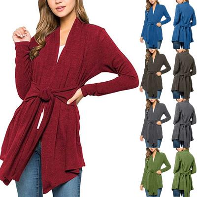 Women's Fasion Casual Loose Cardigan Solid Color Belt Long-Sleeves Cardigan