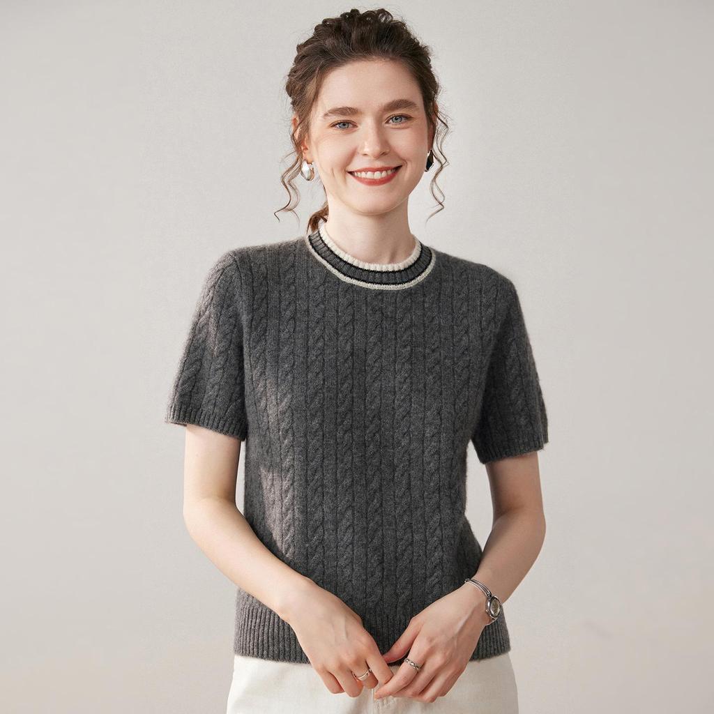 Women's Color Block Cashmere Short-Sleeve Round Neck Knit Pullover