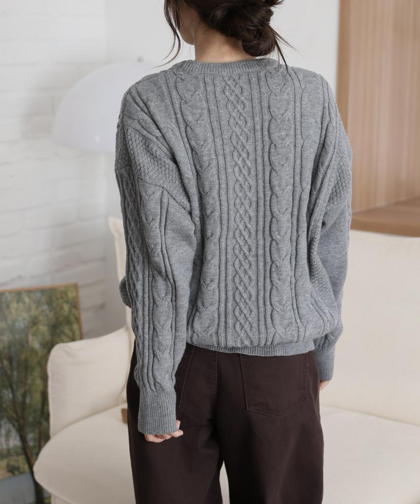 Ppaeppae Round Neck Voluminous Cable Knit Loose Fit Long Sleeve Knit T-Shirt 4 Colors