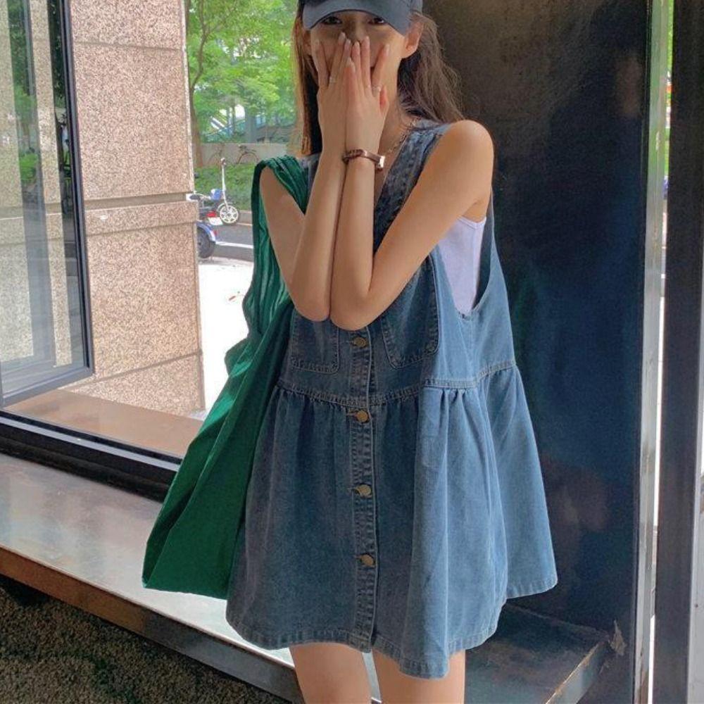 High Waisted Denim Camisole Dress Pleated Sleeveless Short Dress Elegant Cowboy Strap Dress  Summer