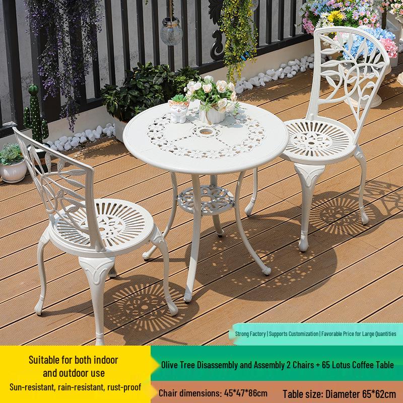 White Wrought Iron Cast Aluminum Outdoor Patio Table and Chairs Set - Waterproof Villa Courtyard Garden Balcony Furniture