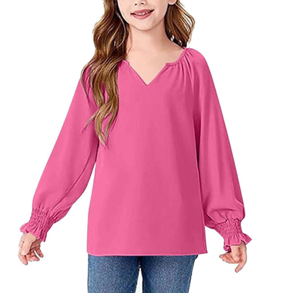 Girls' Long Sleeve Tee - Solid Color Loose Fit Casual Top