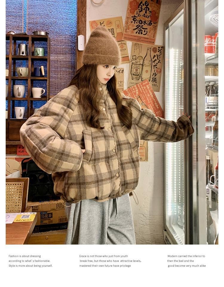 Kurze Kaffee Karierte Baumwollgepolsterte Jacke Damen Winter Locker Oberbekleidung