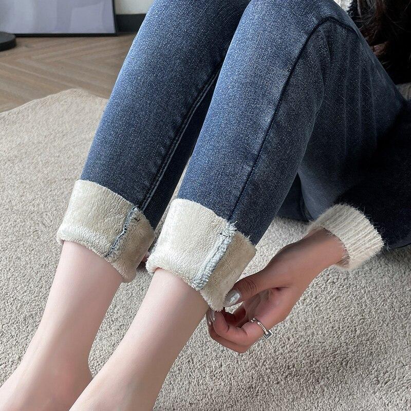 Autumn Winter Fashion Women Vintage Harajuku Jeans Fleece High Waist Casual Thicken Warm Elasticity Slim Skinny Jeans Streetwear