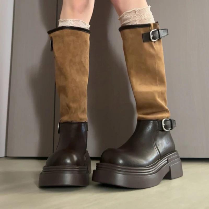 Long Women Boots Flats Platform Knee High Shoes Fad Goth Chelsea Boots  Winter Trend New Motorcycle Boots Punk Mujer Botas