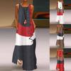 Damen Vintage O-Ausschnitt Ärmellos Color Block Wellenlinie Taschen Langes Lockeres Kleid