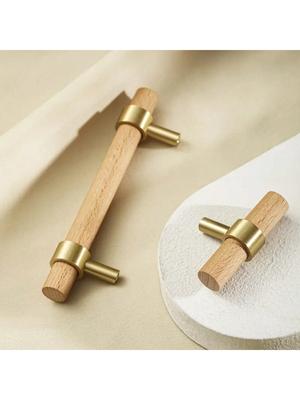 Beechwood + Brass Material Handles, Modern Simple Cabinet Furniture Drawer Pulls, Wardrobe Door Handles, Beechwood Handles