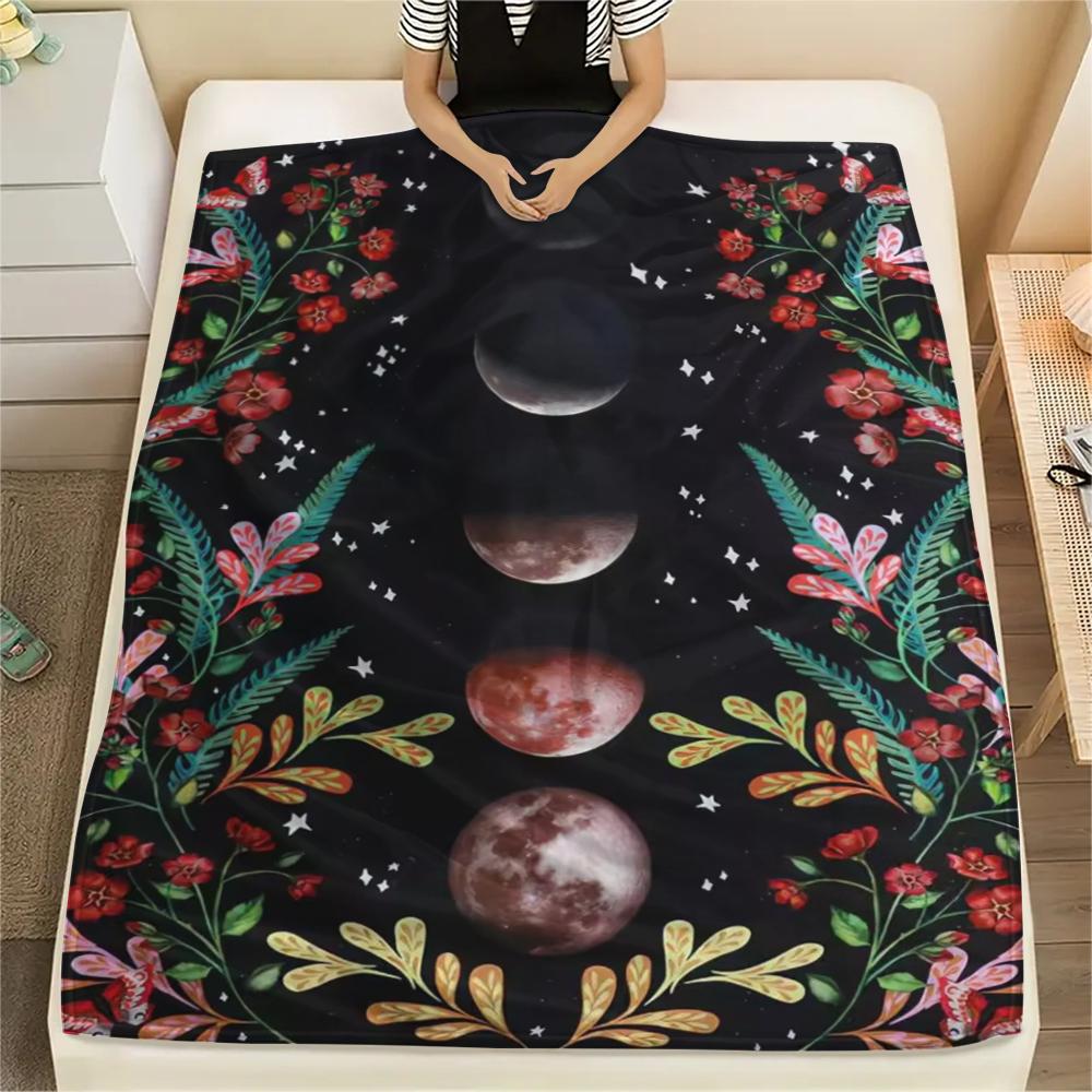 1Pc Floral Moon Print Flannel Blanket, High Quality Comfortable for All Seasons, Home Decor, Warmth and Comfort, Perfect for Gifts