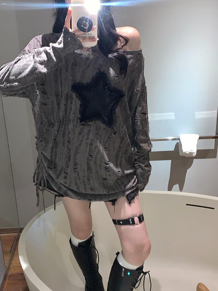 Women's Star Design Off-Shoulder Long-Sleeve T-Shirt - Spicy Girl Autumn Edition, Loose Fit with Drawstring Hem