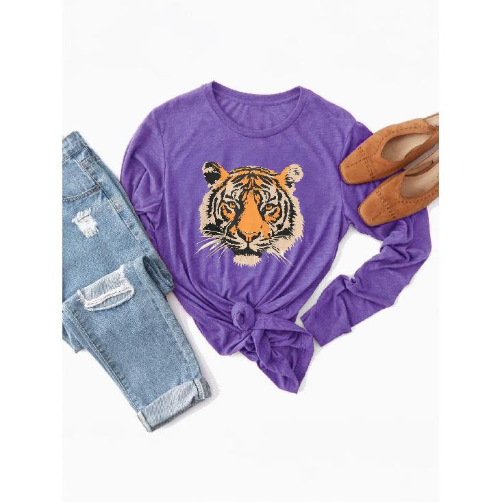 Women's casual sports long sleeve T Shirt Tiger print, fashionable loose fit Comfortable and versatile outdoor everyday wear for spring and summer