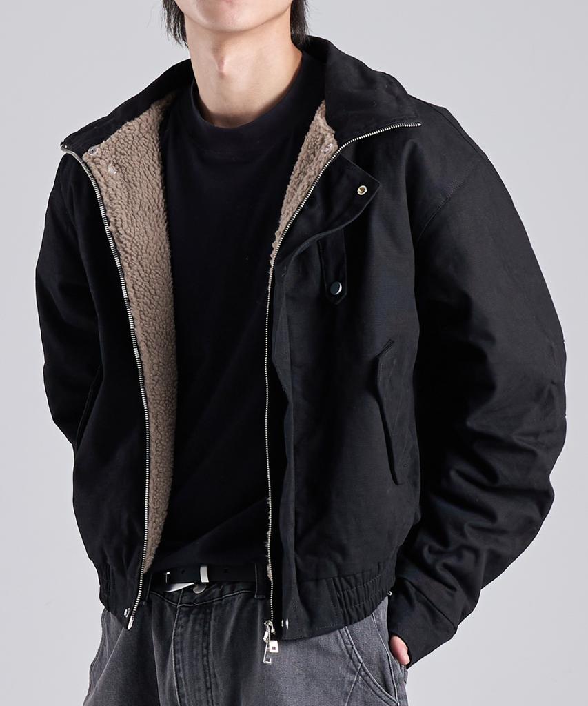 Knopf Seoul Crop Schwere Boa Zwei-Wege Arbeitsjacke (Schwarz)