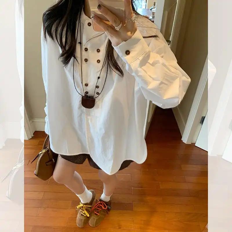 Двубортная новая рубашка с круглым вырезом для женщин, весна и осень, корейский стиль, свободная и универсальная, белая рубашка S