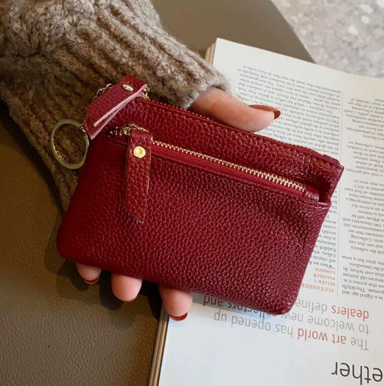 

Cowhide Coin Purse with Lipstick Storage, Short Style, Ultra-Thin Double Zipper Clutch красный