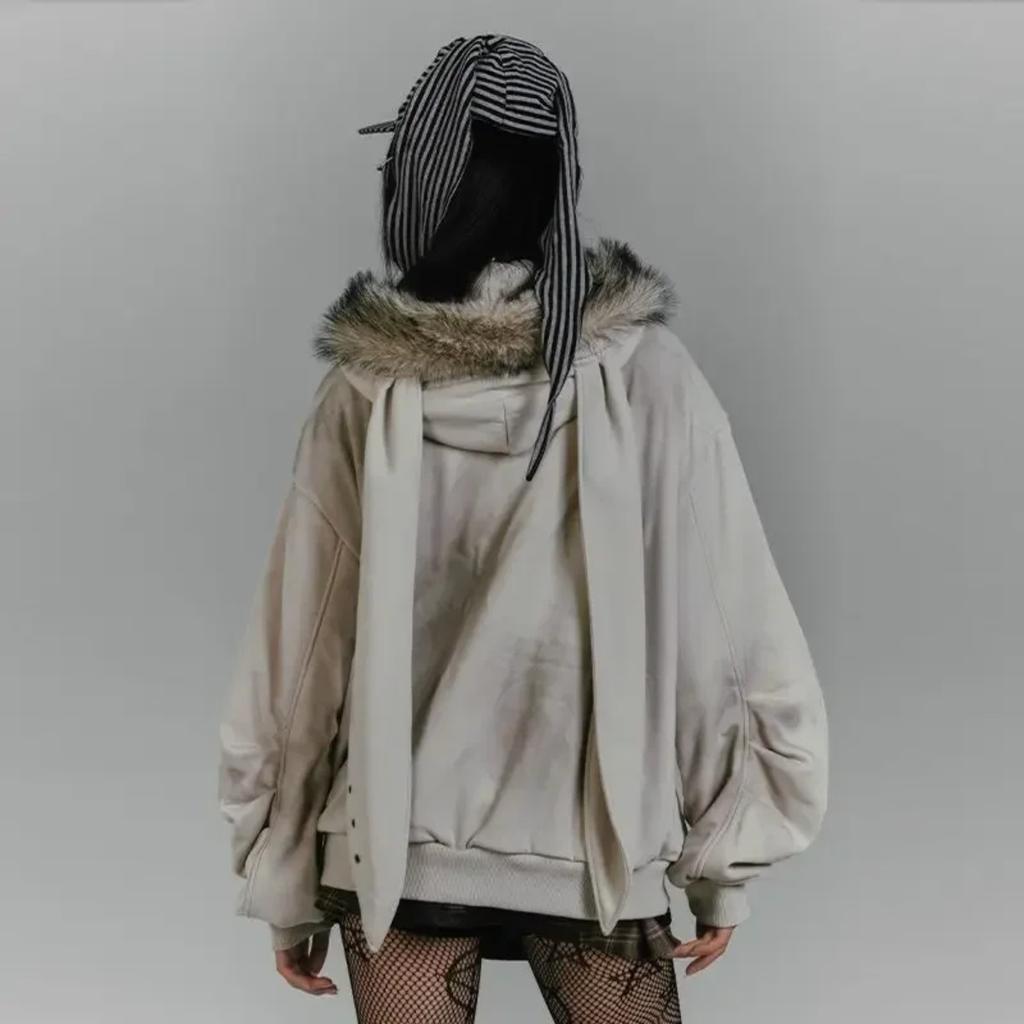 2KWEIRD American Retro Hoodie Women Gothic Simple Print Rabbit Ears Zipper Hooded Fur Collar Sweatshirt Fashionable Harajuku Jacket Tops