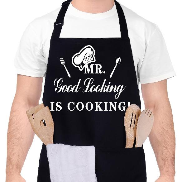 Funny Aprons for Men, MR GOOD LOOKING IS COOKING, Professional Kitchen Cooking Apron Chef Husband Bib Aprons With Double Pocket Adjustable for