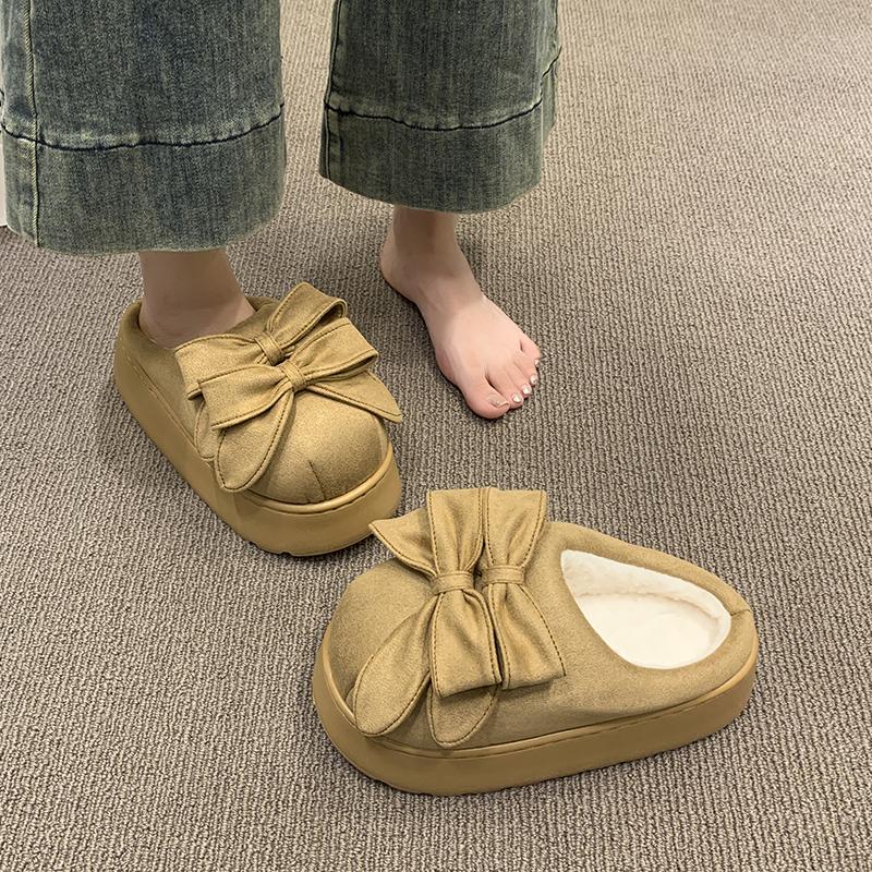 Schleifen Baotou Hausschuhe Winter Neu Runde Spitze Wildleder Plateau Sohle Rutschfest Verschleißfest Warm Baumwollschuhe