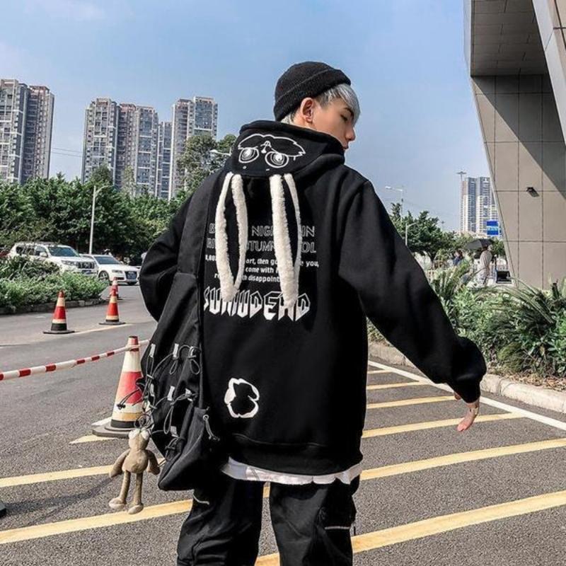 

Осенне-зимняя парная одежда Огненные кроличьи ушки Плюс бархатный толстый худи 3XL чёрный