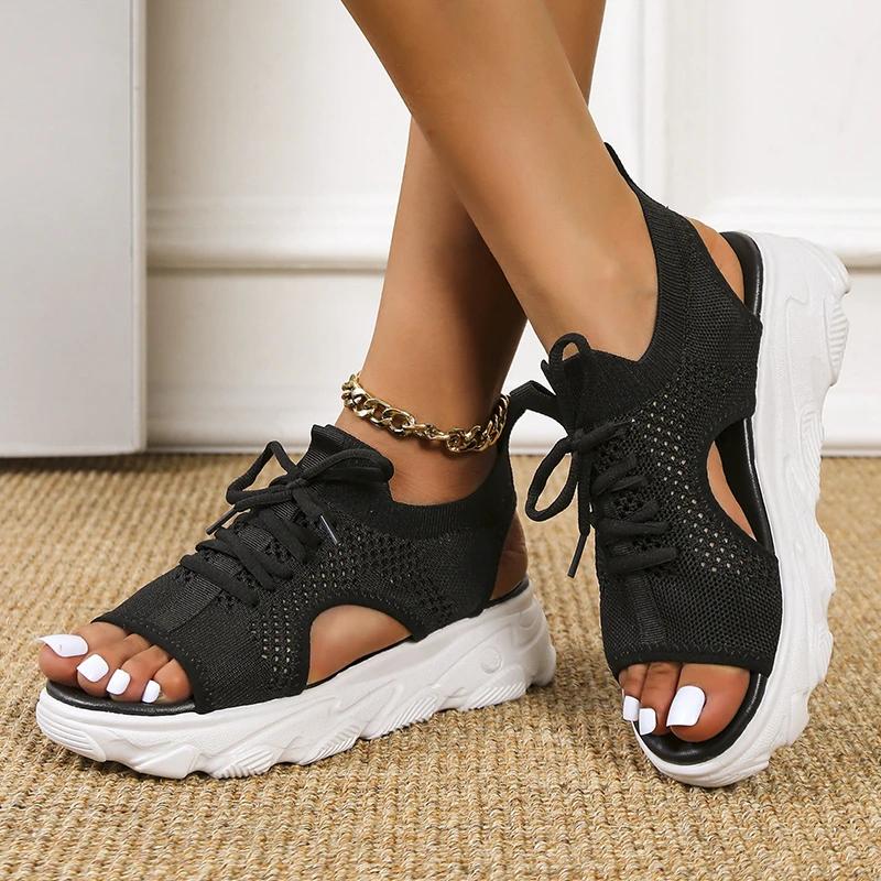 Women's Platform Sports Sandals, Casual Knitted Hollow Out Lace Up Peep Toe Shoes, Outdoor Non Slip Sandals