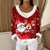 Dámský módní plyšový pulovr s výstřihem do V, tričko s dlouhým rukávem, vánoční potištěná mikina