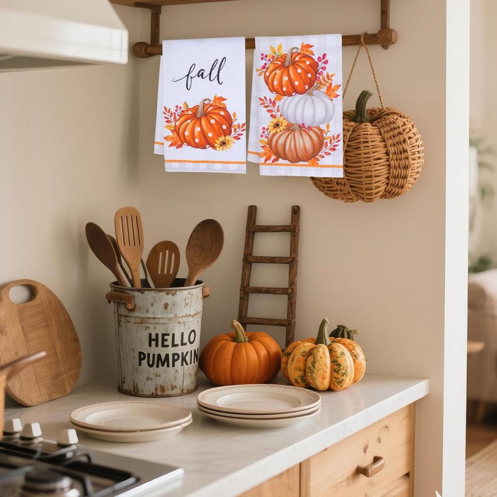 Fall Kitchen Towels for Fall Decor Orange Pumpkin Truck Maple Leaves Autumn Dish Towels Thanksgiving Farmhouse Rustic Home Kitchen Decor 16 x 24 Inch