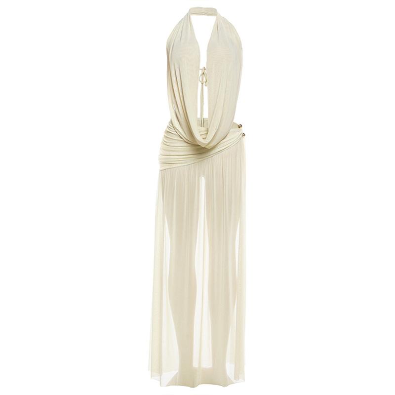 2026 Spring New Women s Halter Neck Deep V Backless Top Sexy High-Slit Long Skirt Set S абрикосовый