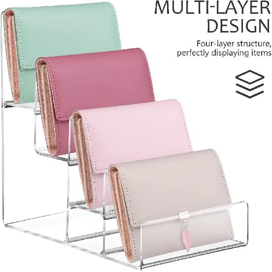 DOITOOL 4-Tier Clear Display Risers Stand: Acrylic Wallet Display Stand Holder, Clear Handbag Purse Display Stand Jewelry Display Riser Purse Handbag