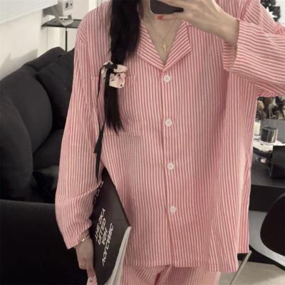 Women 2Pcs Long Sleeve Pajamas Set Female Sweet Geometric Striped Printed Top Pants Home Clothing Casual Loose Nightdress