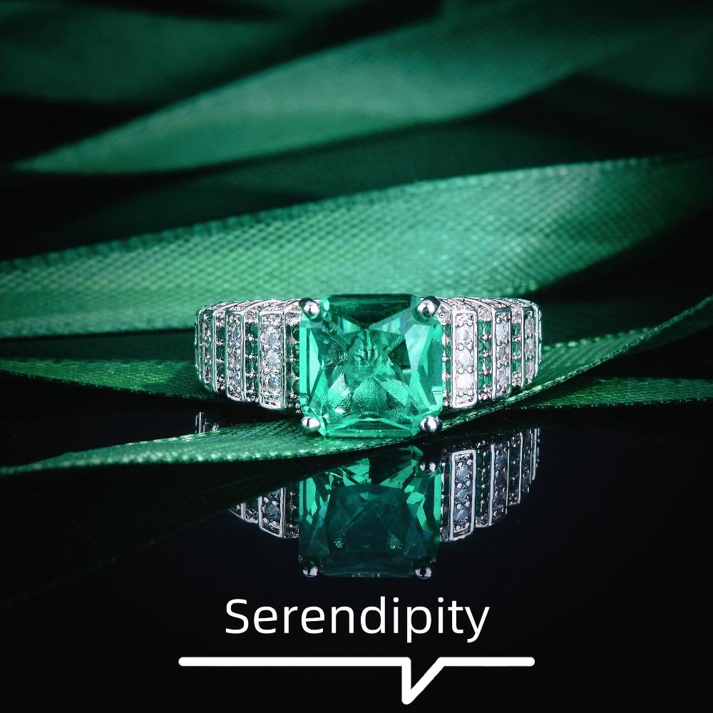Women Open Ring Lake Green High Carbon Diamond Green Zircon Imitation Paraiba Eiffel Tower Gemstone Ring