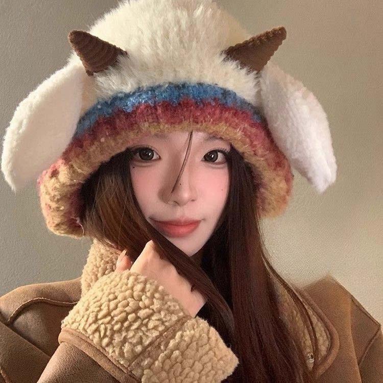 Korean style cute woolen hat for women, warm knitted hat with straps and ear flaps, popular outdoor beanie for autumn and winter.